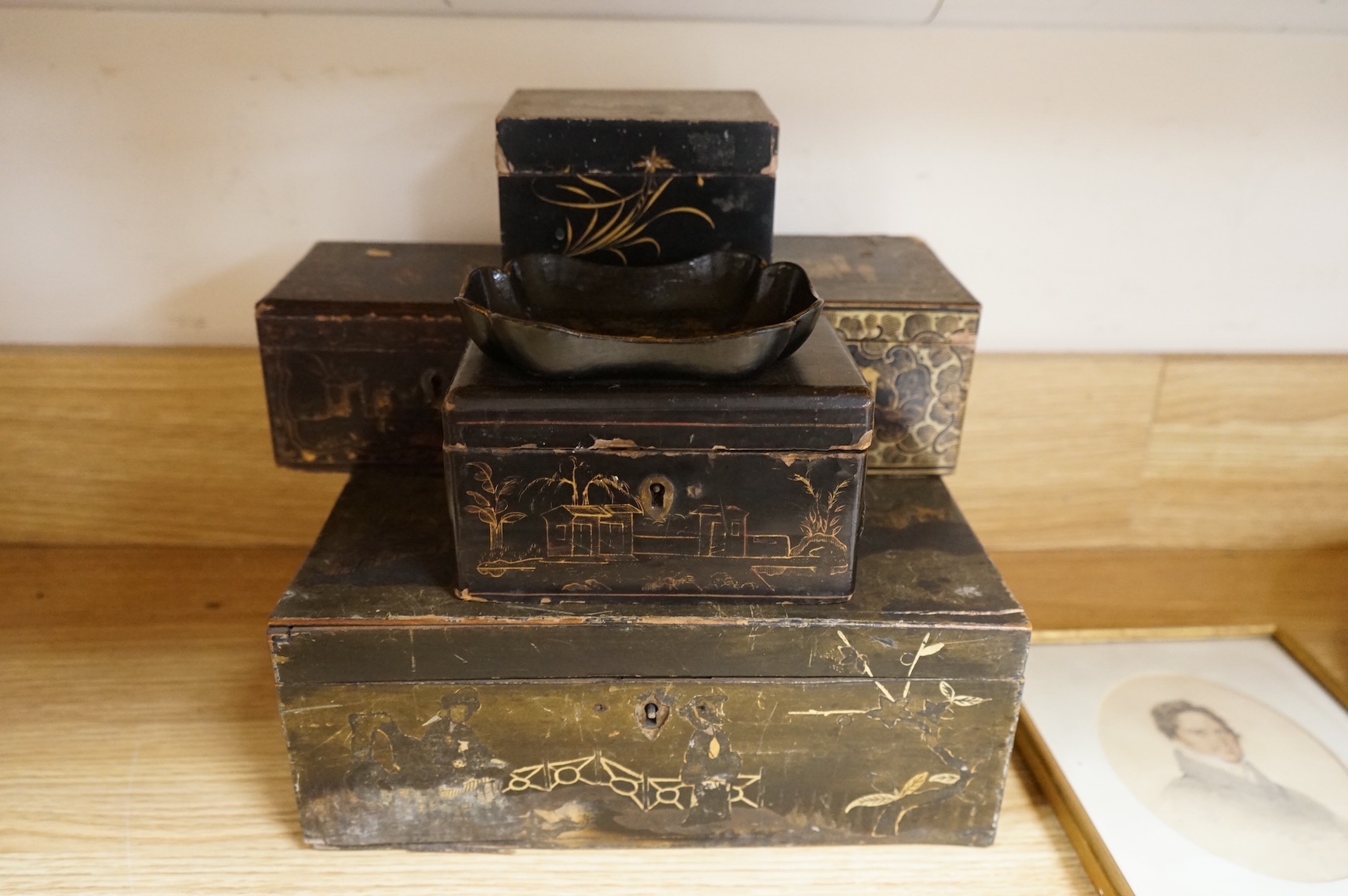 A group of 19th/20th century Chinese lacquer boxes, the largest 34cm wide